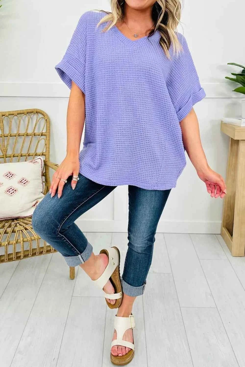 Sarah Express Women's Waffle Knit V-Neck Short Sleeve Top