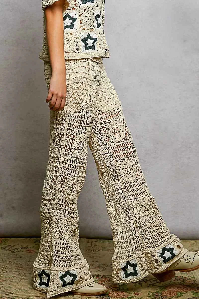 Sarah Express Women's Crochet Flare Pants with Contrast Star - Openwork Boho Wide Leg Trousers