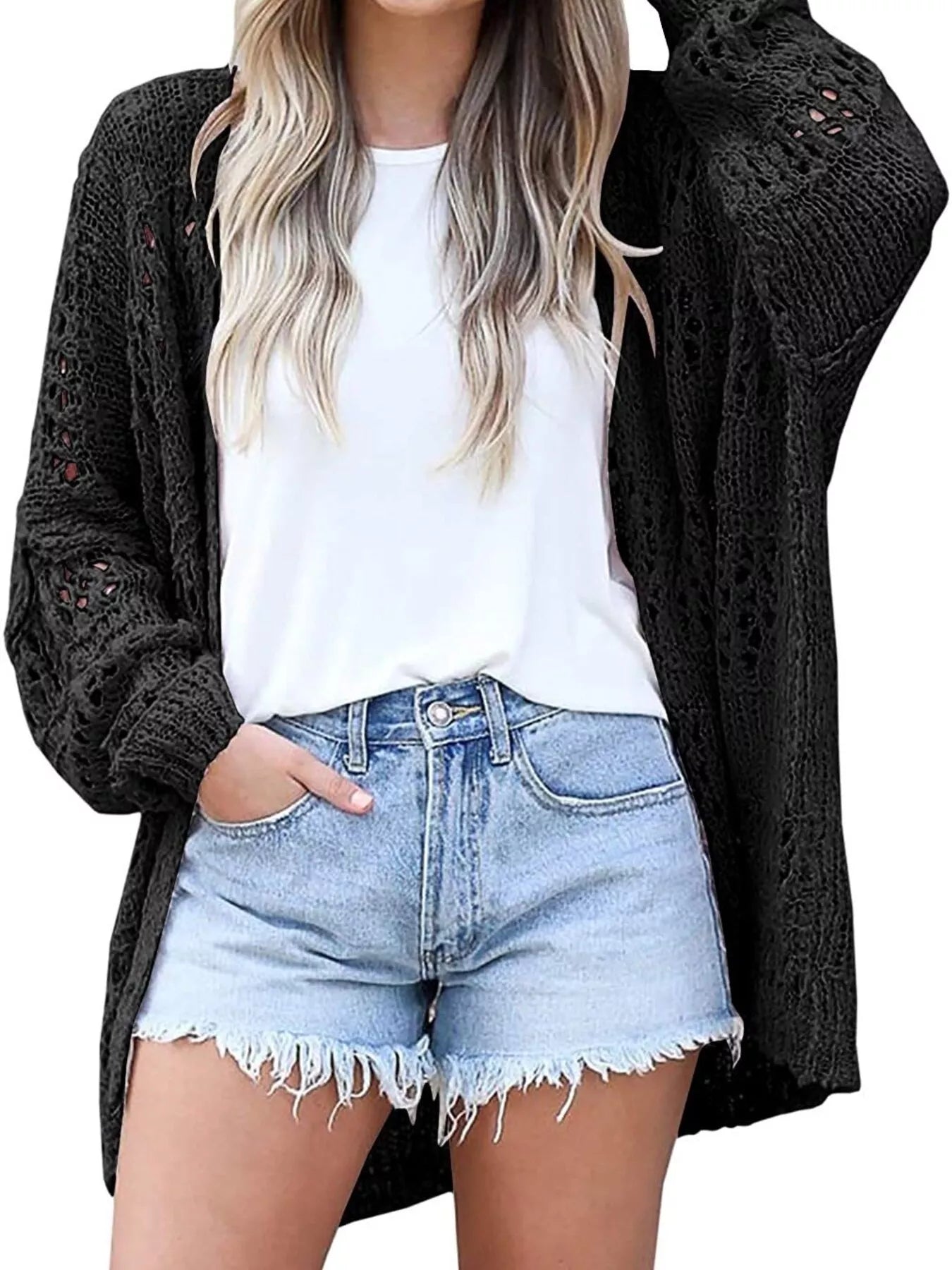 Sarah Express Women's Openwork Lightweight Cardigan Plus Size - Breathable Open Front Layering Piece