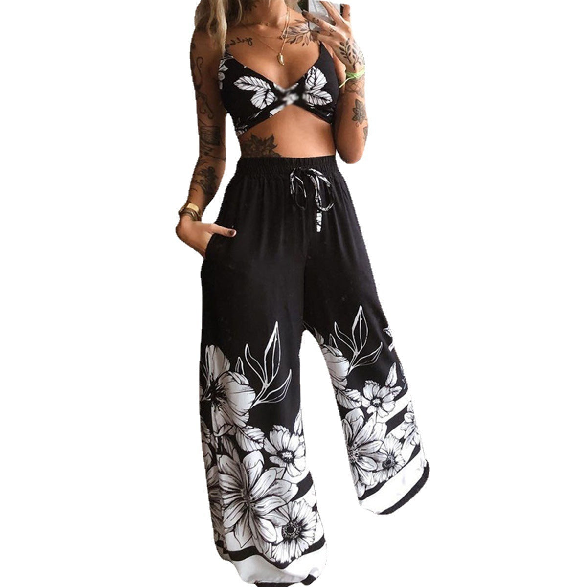 Sarah Express Women's Printed Tube Top Wide Leg Pants Two Piece Set Sleeveless
