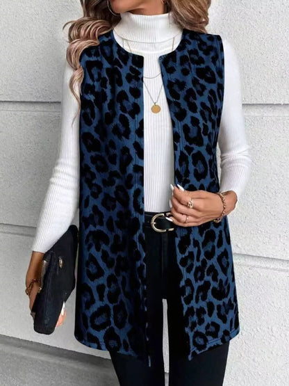 Sarah Express Women's Sleeveless Leopard Print Vest Coat Dark Blue