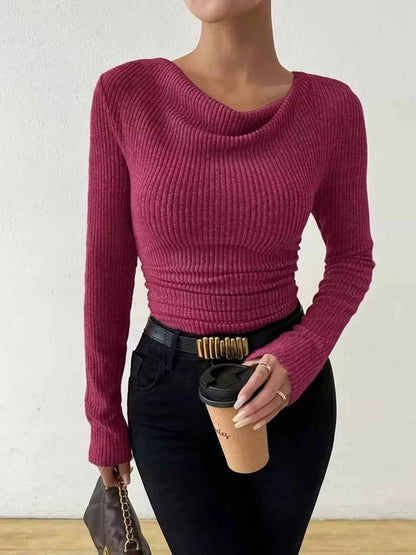 Sarah Express Women's Cowl Neck Ribbed Long Sleeve Sweater - Ruched Pullover Top Rose Red