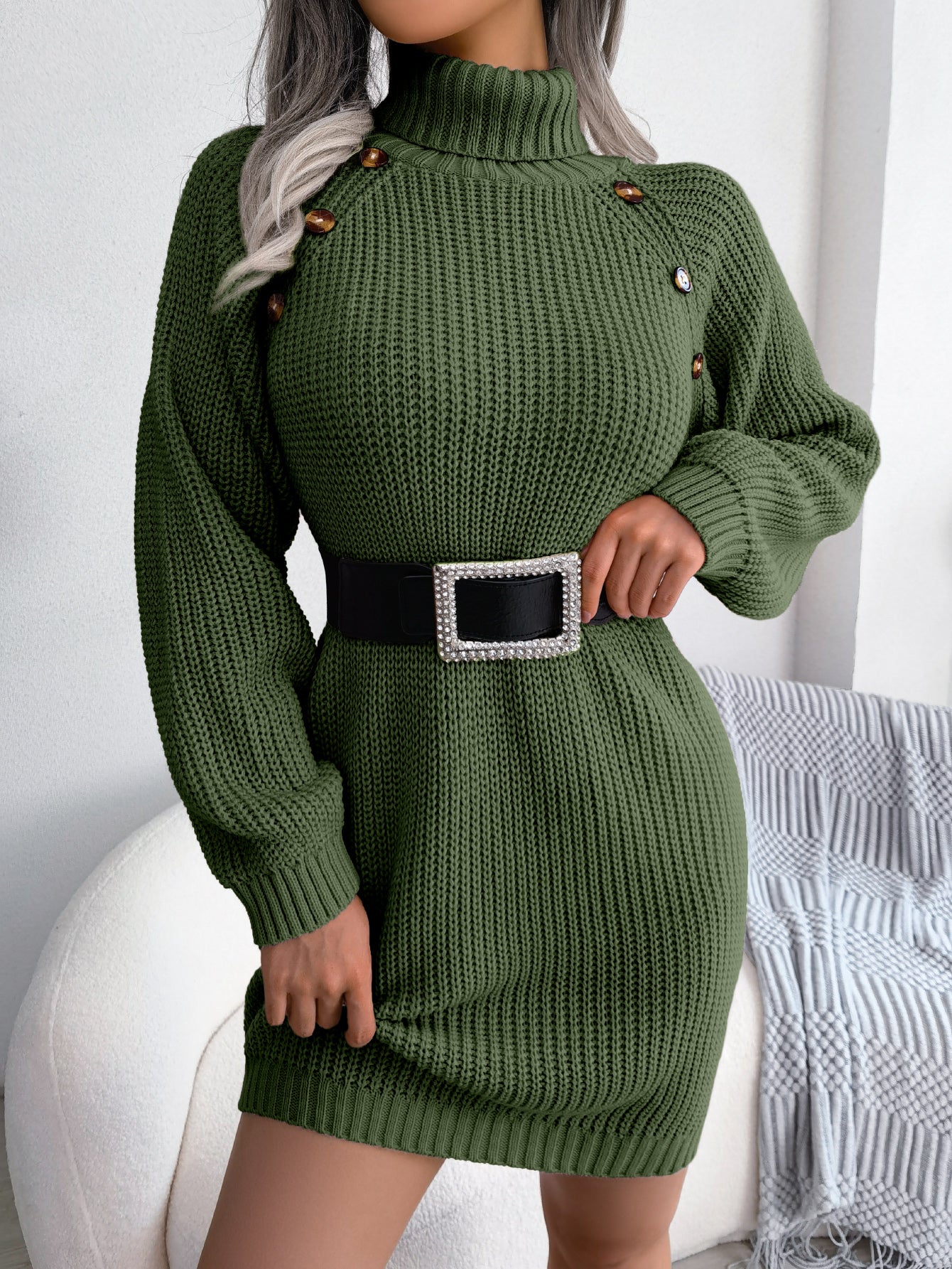 Sarah Express Women's Turtleneck Sweater Dress Long Sleeve Button Front Bodycon Knit Dress Army green