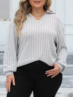 Sarah Express Women's Plus Size Ribbed Knit Polo Collar T-Shirt