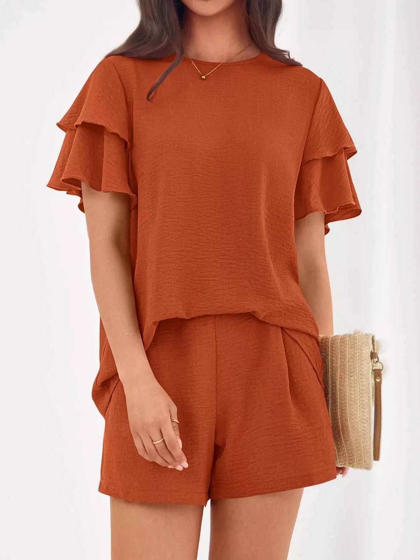Sarah Express Women's Ruffle Sleeve Top and Shorts Two-Piece Set - Casual Summer Outfit Terracotta