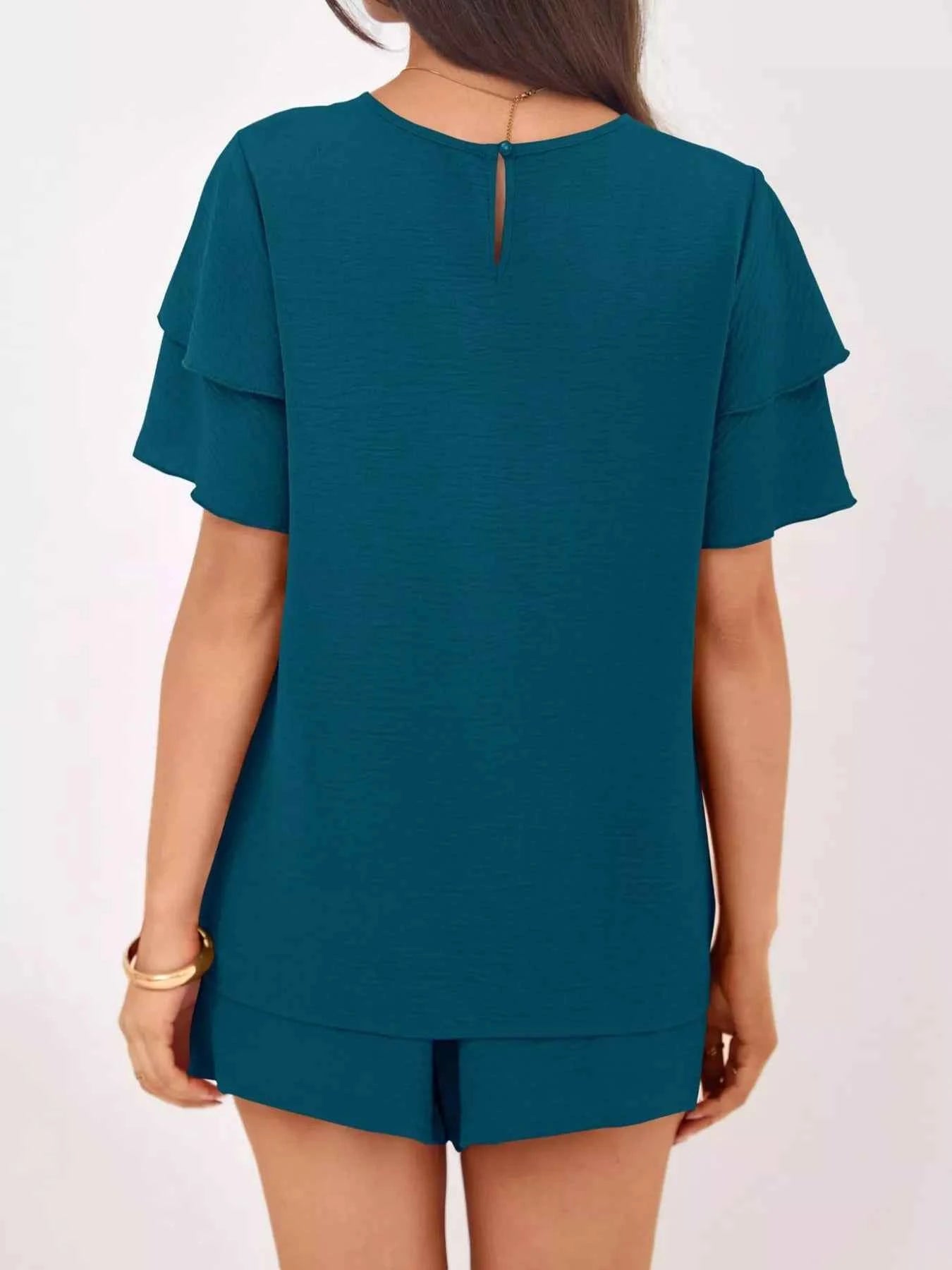 Sarah Express Women's Ruffle Sleeve Top and Shorts Two-Piece Set - Casual Summer Outfit