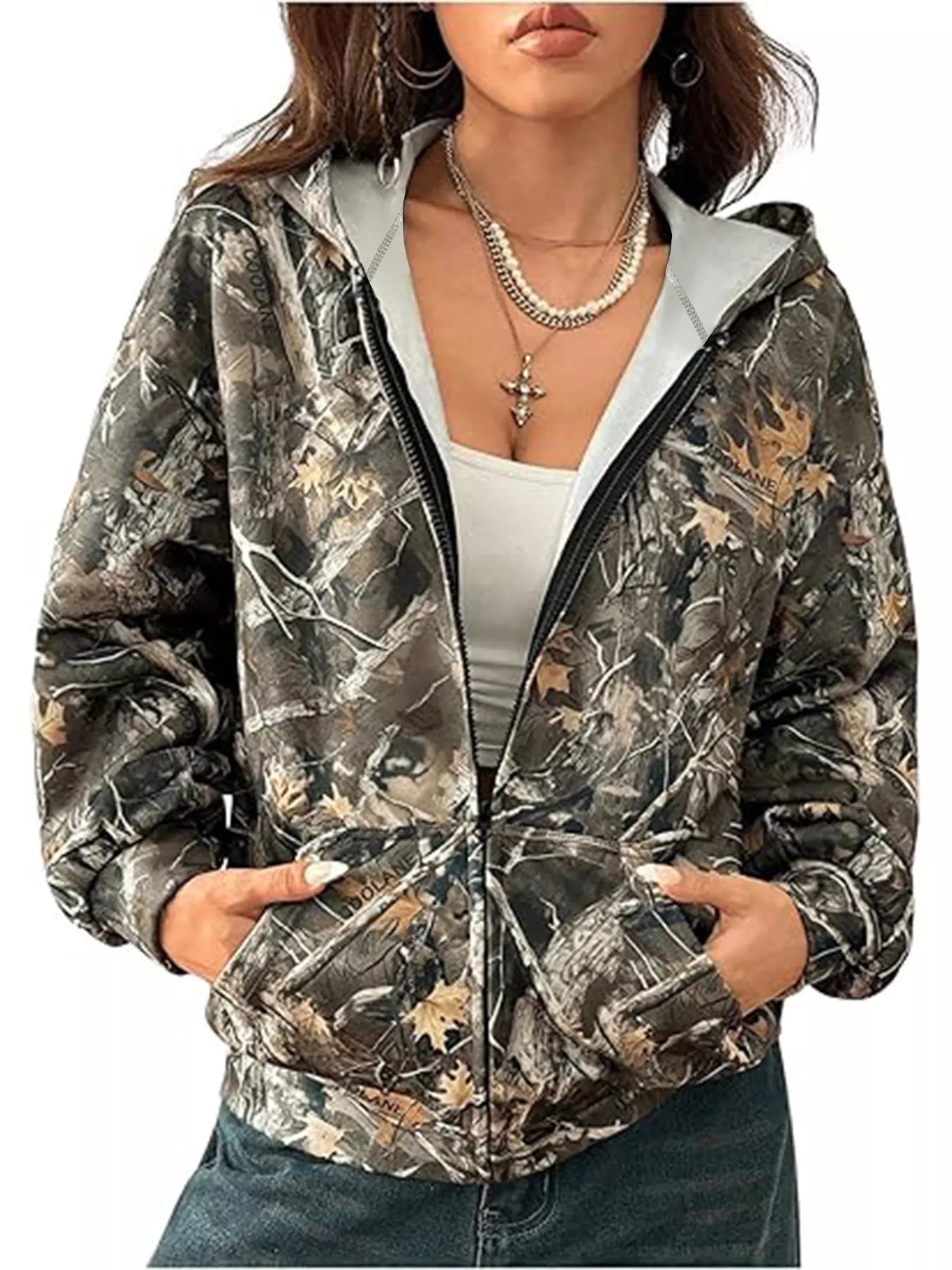 Sarah Express Women's Vintage Printed Zip-Up Hoodie with Pockets