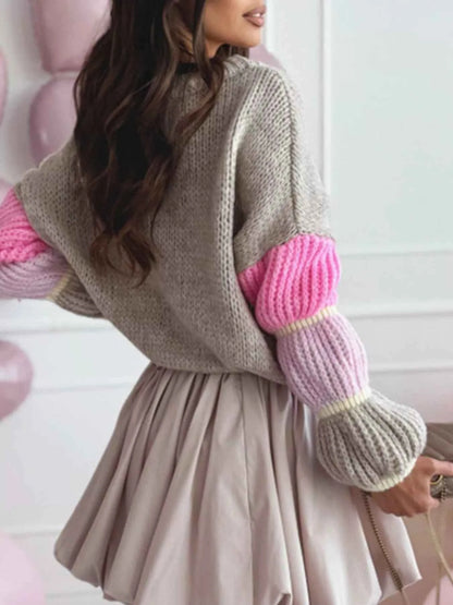 Sarah Express Women's Color Block Round Neck Sweater - Ribbed Knit Long Sleeve Pullover