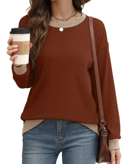 Sarah Express Women's Contrast Trim Crew Neck Casual Sweatshirt