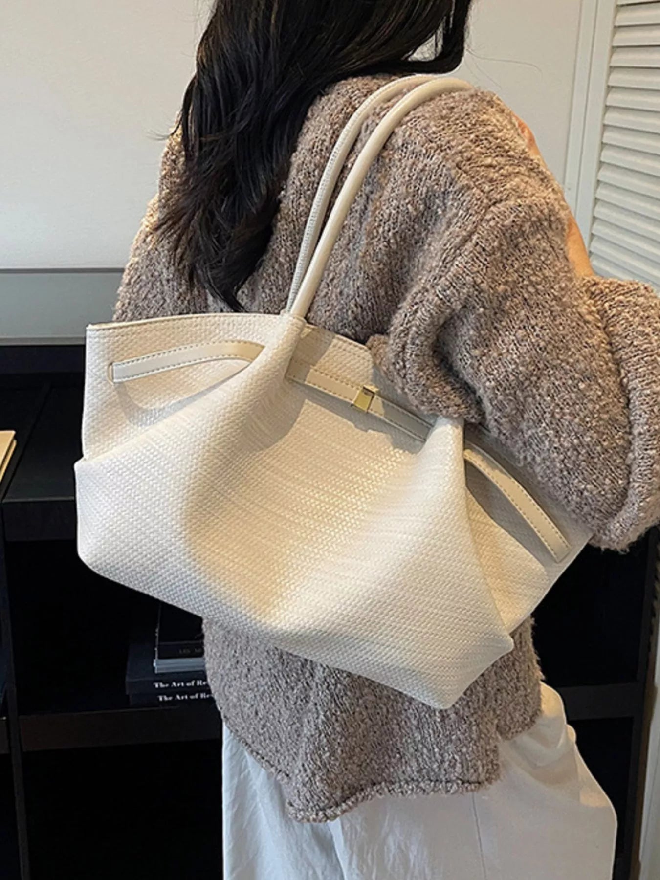 Sarah Express Women's Textured Tote Bag - Large PU Leather Shoulder Bag