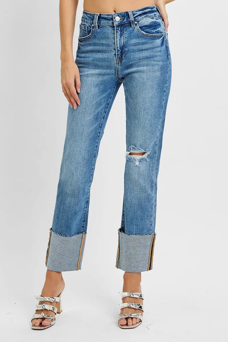 Sarah Express Women’s Plus Size High Rise Ankle Jeans with Wide Cuff
