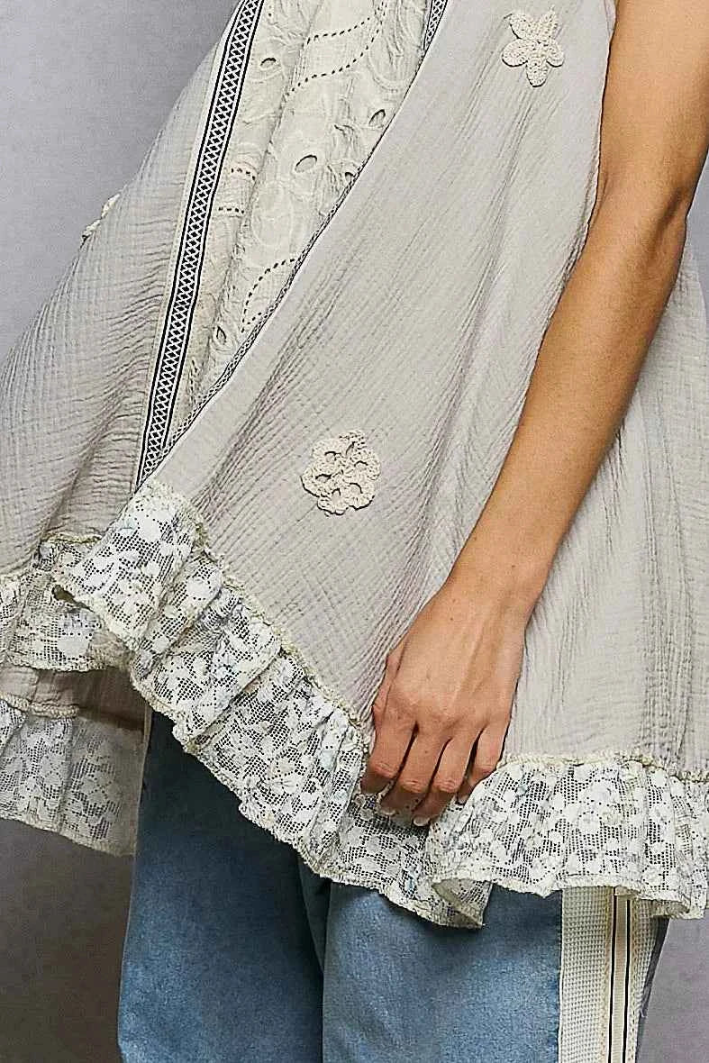 Sarah Express Women's Lace Ruffle Halter Neck Top - Double Gauze Crochet Patch Sleeveless Blouse