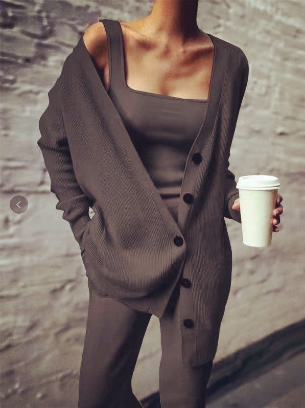 Sarah Express Knitted Three Piece Suit Set Cardigan Vest Pants Coordinated Outfit