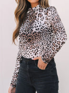 Sarah Express Women's Leopard Print Long Sleeve Mock Neck Bodysuit