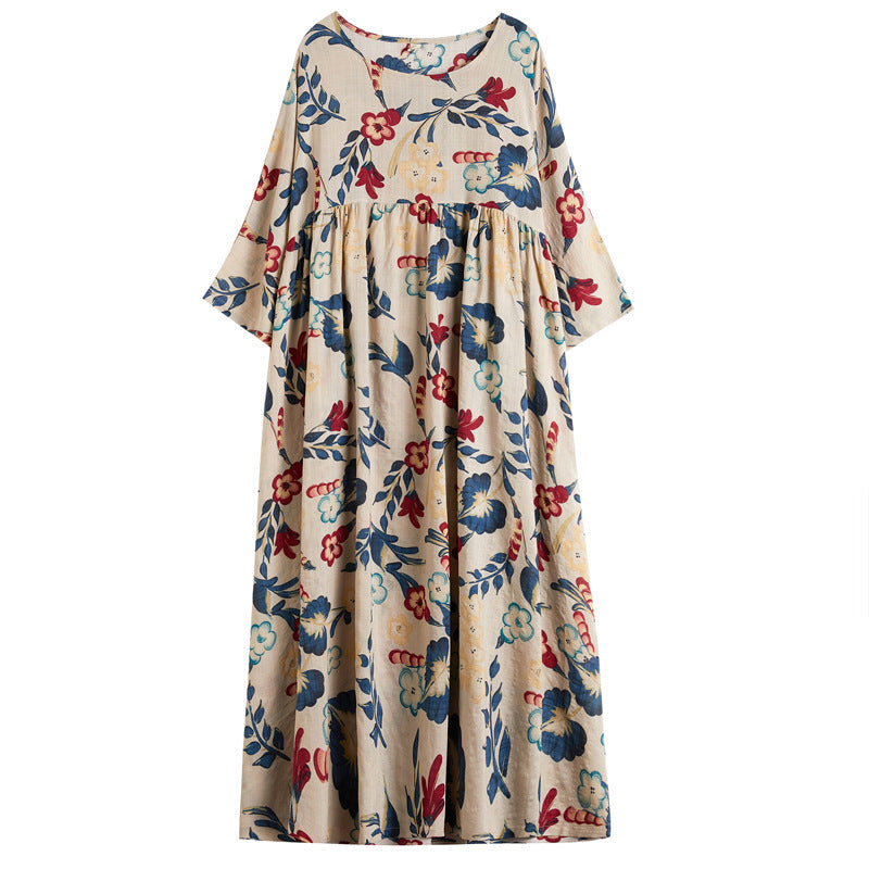 Sarah Express Women's Plus Size Cotton Linen Print Dress Loose Oversized Short Sleeve Maxi