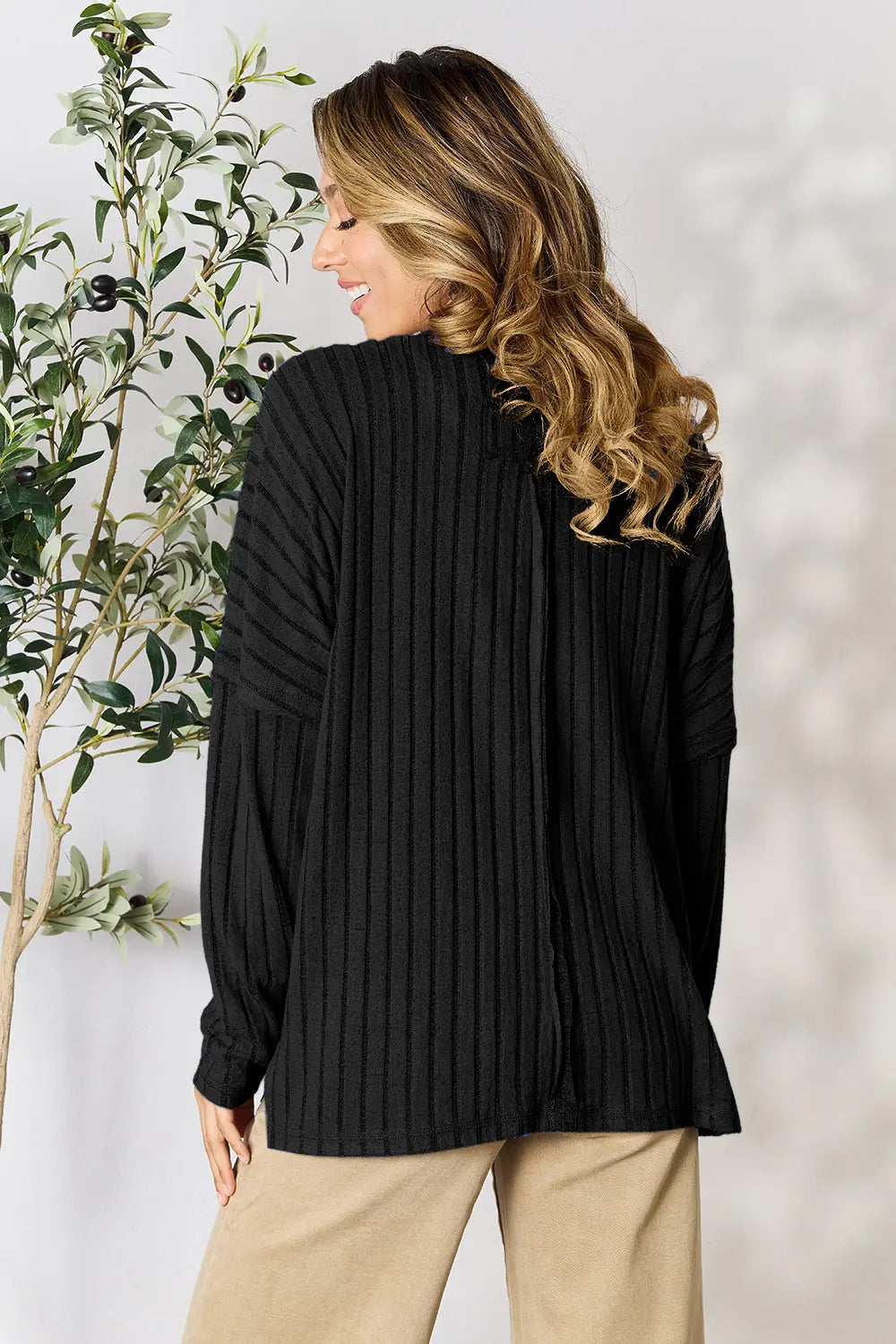 Sarah Express Women's Ribbed Round Neck Slit Knit Top