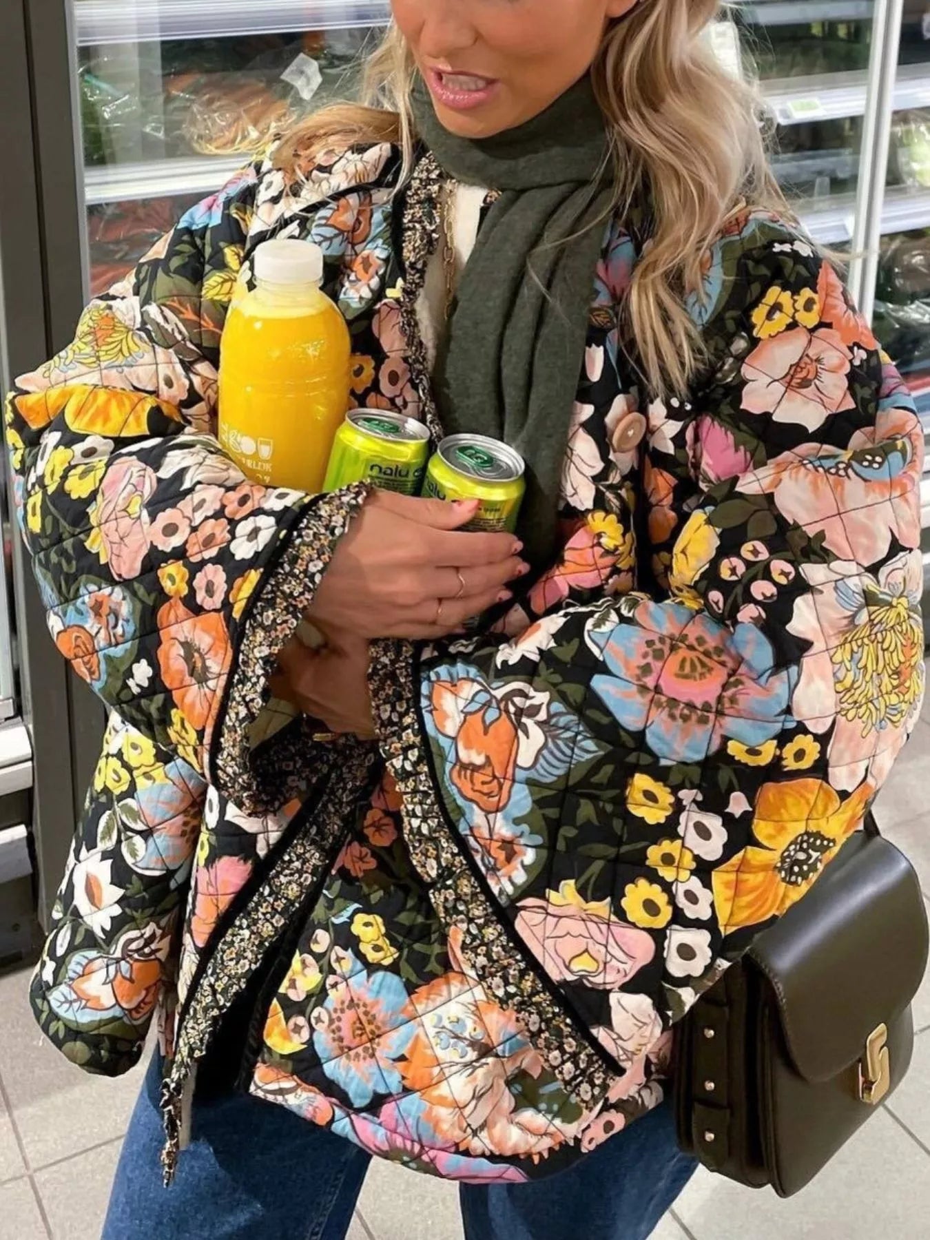 Sarah Express Women's Floral Print Quilted Sherpa-Lined Jacket Plus Size