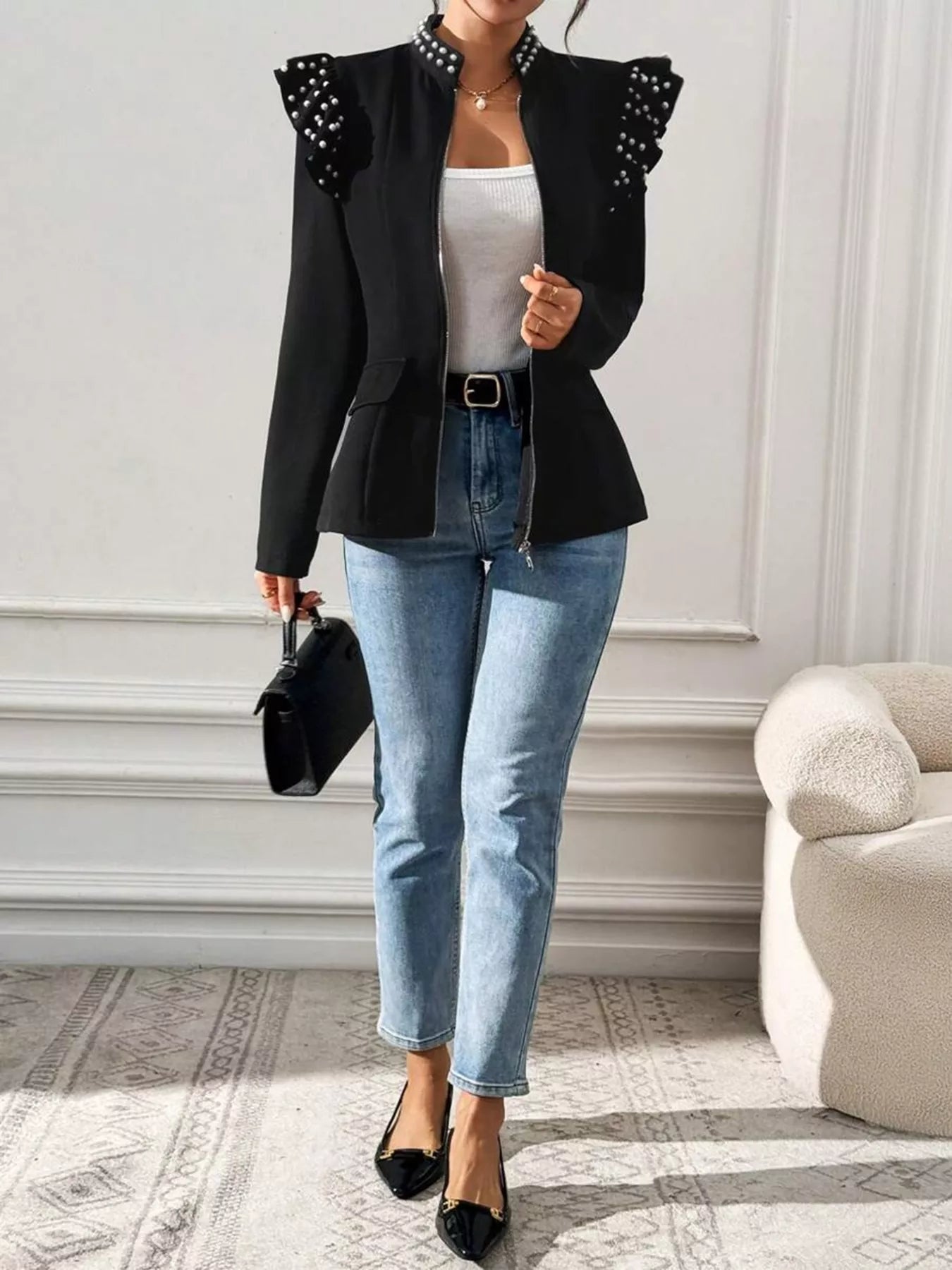 Trendsi Women's Pearl Embellished Shoulder Zip Up Jacket