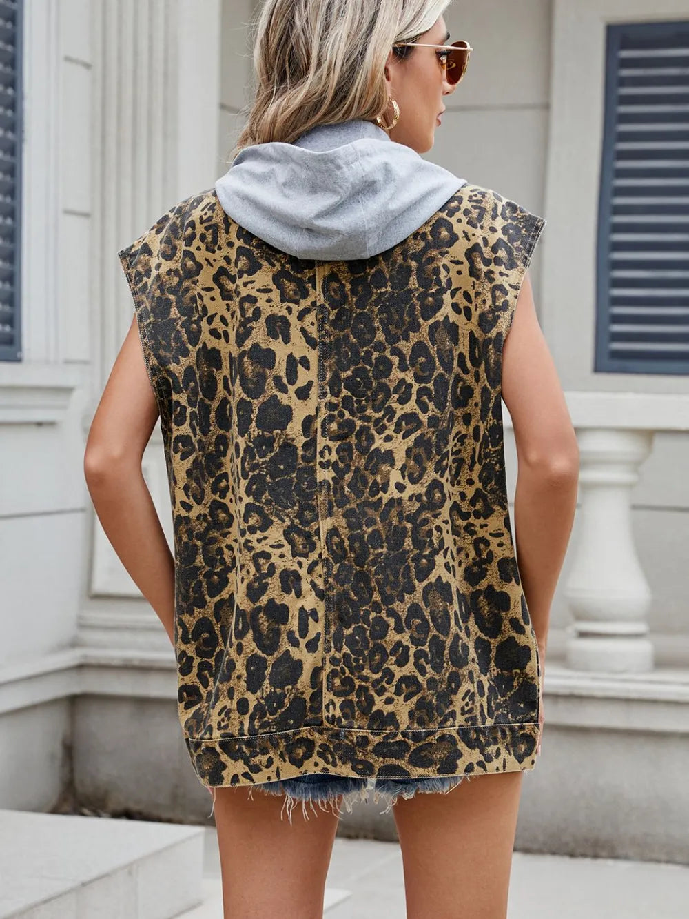 Sarah Express Women's Leopard Button Up Denim Vest