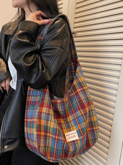 Sarah Express Women's Plaid Handbag Large Casual Tote Bag Lightweight Polyester