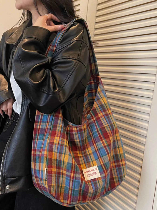 Sarah Express Women's Plaid Handbag Large Casual Tote Bag Lightweight Polyester