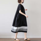 Sarah Express Women's Cotton Linen Midi Dress Short Sleeve Color Block - Casual Plus Size One Size Black