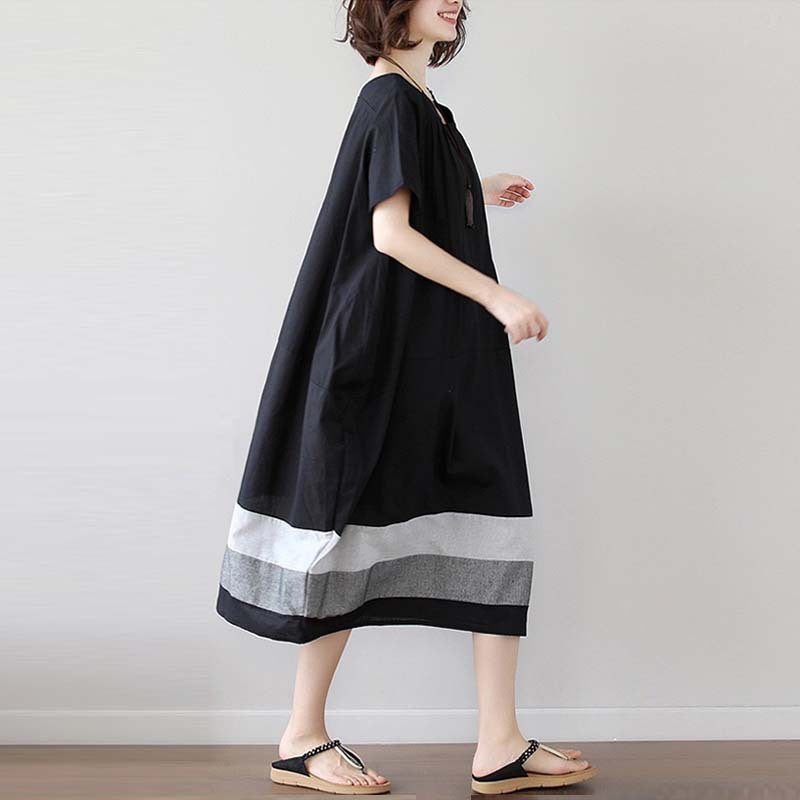 Sarah Express Women's Cotton Linen Midi Dress Short Sleeve Color Block - Casual Plus Size One Size Black