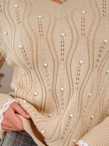 Sarah Express Women's Pearl-Embellished V-Neck Pullover Sweater