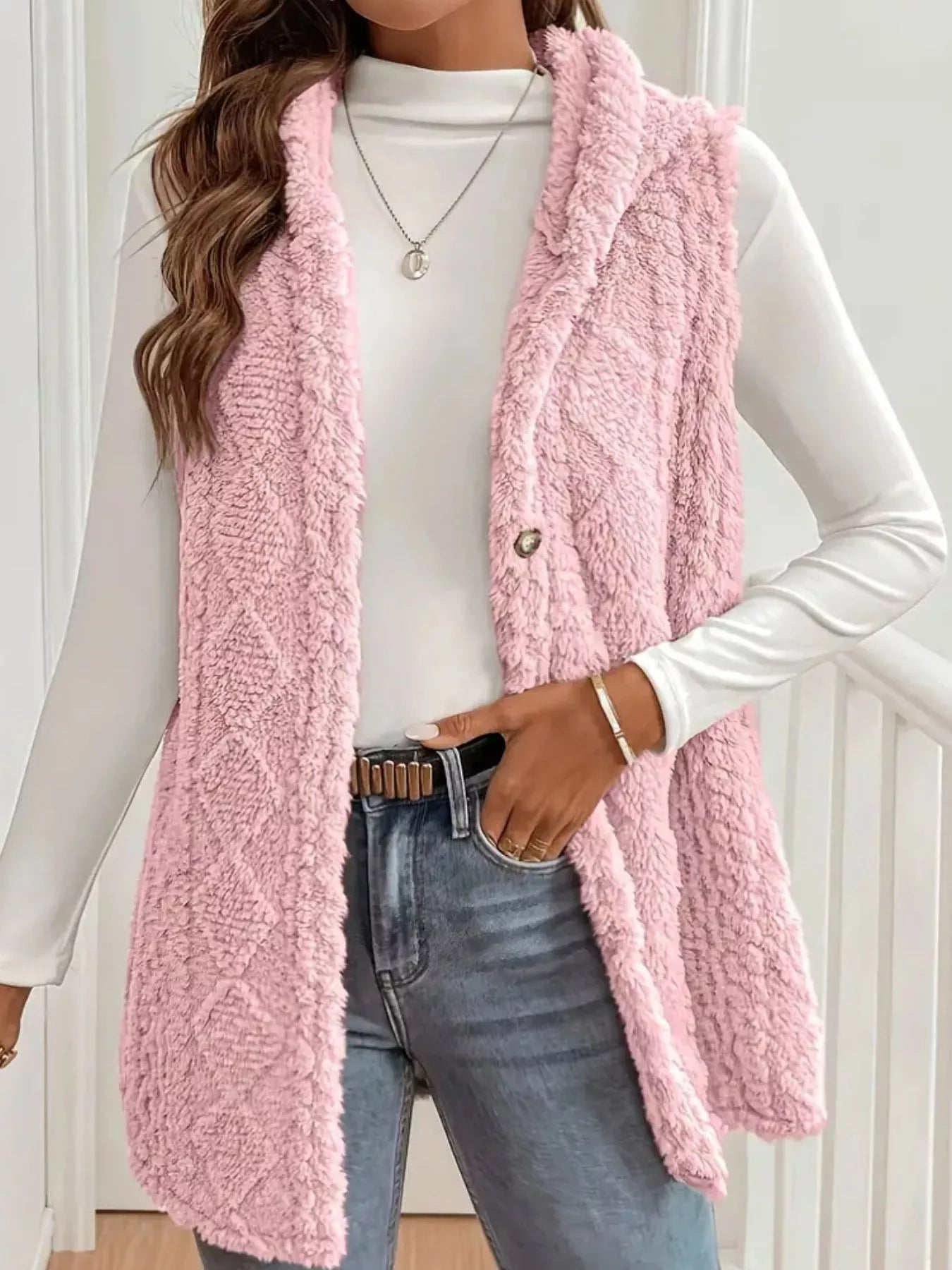 Sarah Express Women's Button-Down Sherpa Hooded Vest Coat Blush Pink