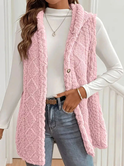 Sarah Express Women's Button-Down Sherpa Hooded Vest Coat Blush Pink