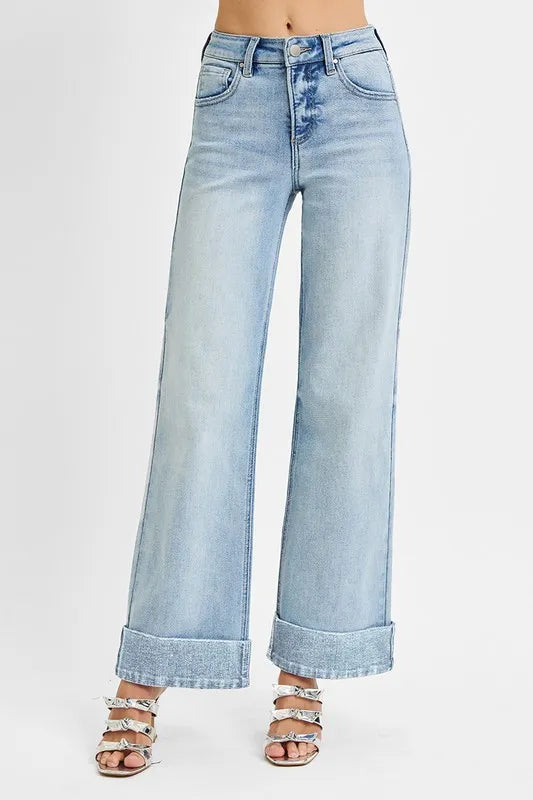 Sarah Express Women’s Plus Size Tummy Control High Rise Ankle Jeans with Wide Cuff

