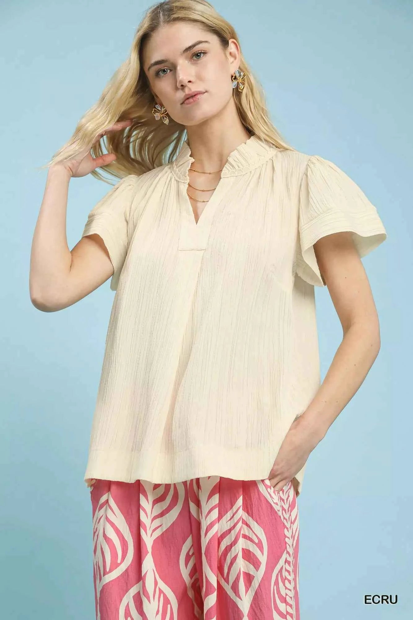 Sarah Express Women's Textured Flutter Sleeve Blouse with Notched V-Neck ECRU