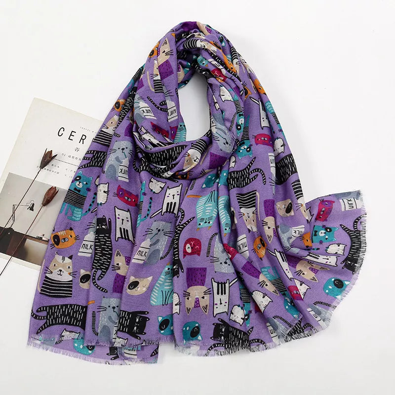 Sarah Express Women's Cat Print Lightweight Scarf Lilac One Size