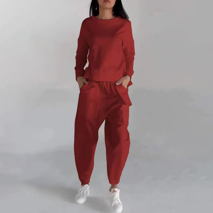 Sarah Express Women's Two Piece Sweatshirt Set - Long Sleeve Top with Back Slit & Loose Trousers with Pockets Red