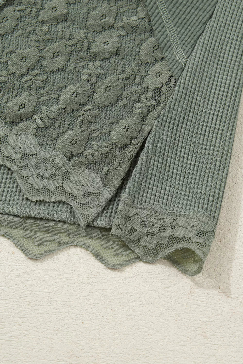 Sarah Express Women's Waffle Ribbed Lace Detail Long Sleeve Top