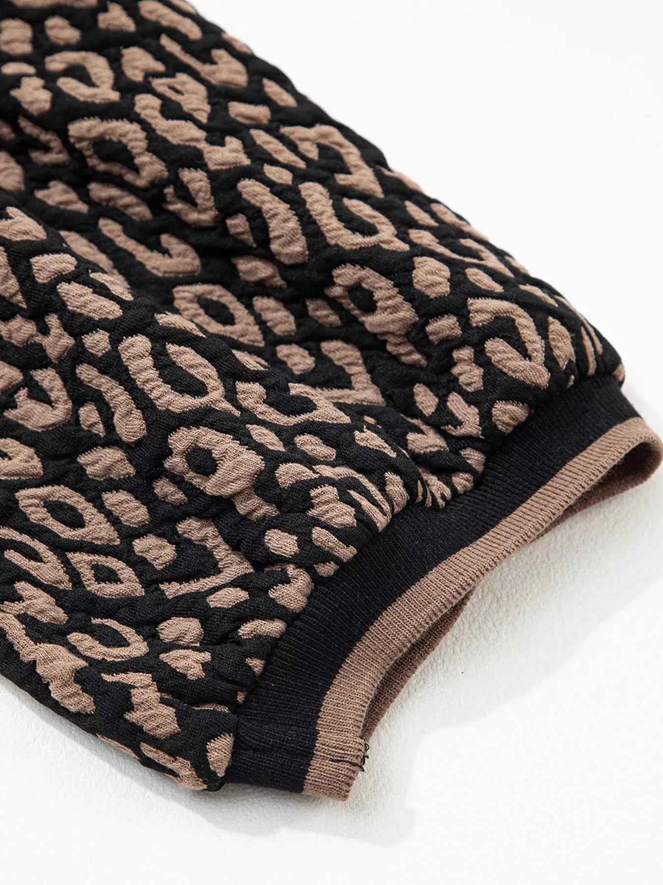 Sarah Express Women's Leopard Print Puffy Sleeve Top - Round Neck Contrast Trim Blouse