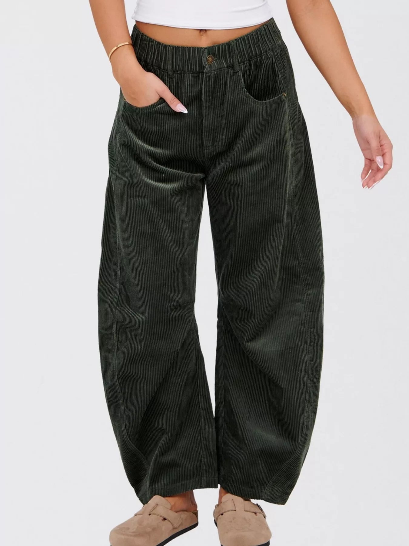 Sarah Express Women's High Waist Corduroy Wide Leg Pants with Pockets - Casual Button Front Trousers Dark Green