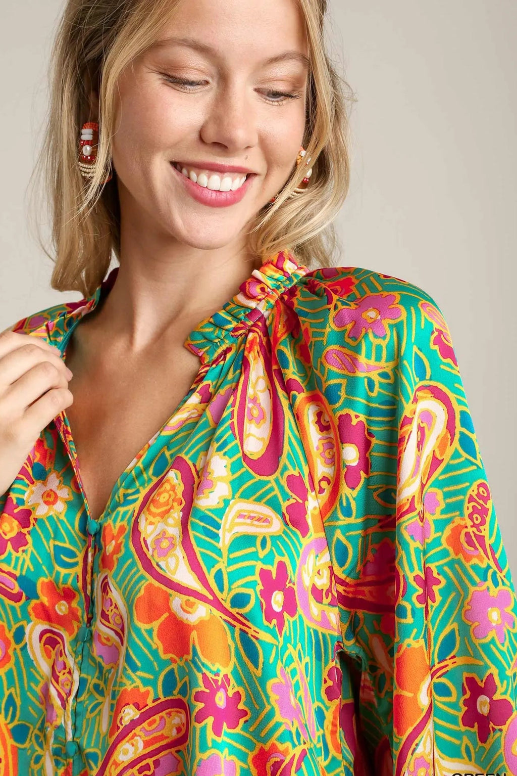 Sarah Express Women’s Paisley Satin Ruffle Neck Button-Up Blouse