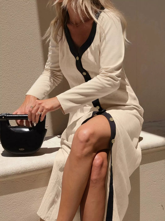 Sarah Express Women's Contrast Trim Button-Down Midi Dress Cream