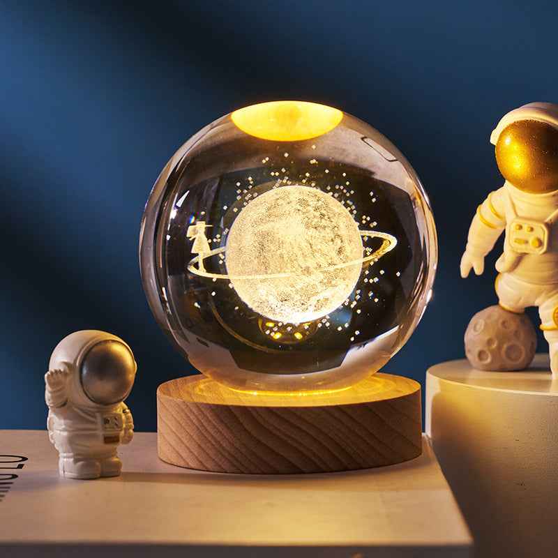 Sarah Express 3D Crystal Ball Night Light - Luminous Planetary Moon Galaxy Projection Lamp with Wooden Base Solid Wood Lamp Holder Through the starry sky 6CM