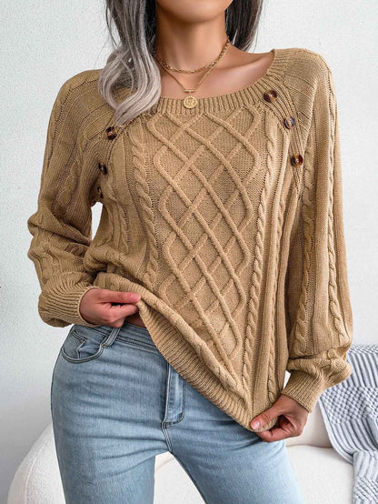 Sarah Express Women's Cable Knit Square Neck Pullover Sweater - Button Detail Raglan Sleeve Khaki