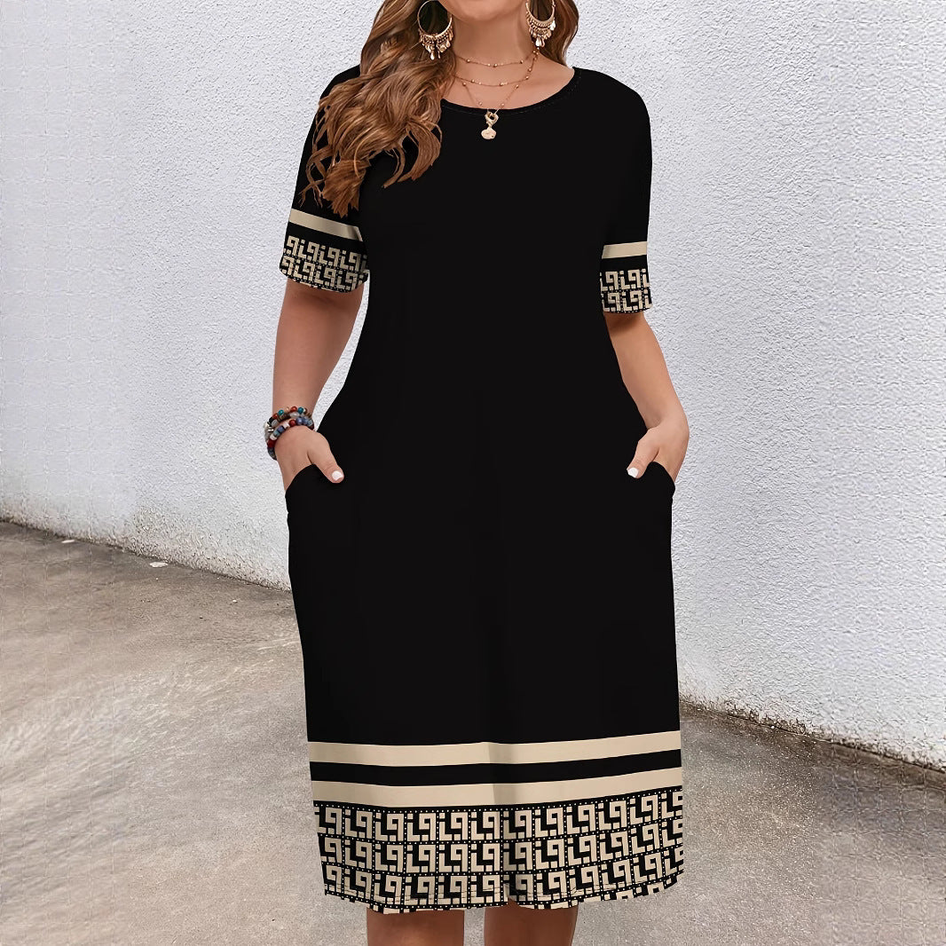 Sarah Express Women's Contrast Color Midi Dress Round Neck Short Sleeve Casual