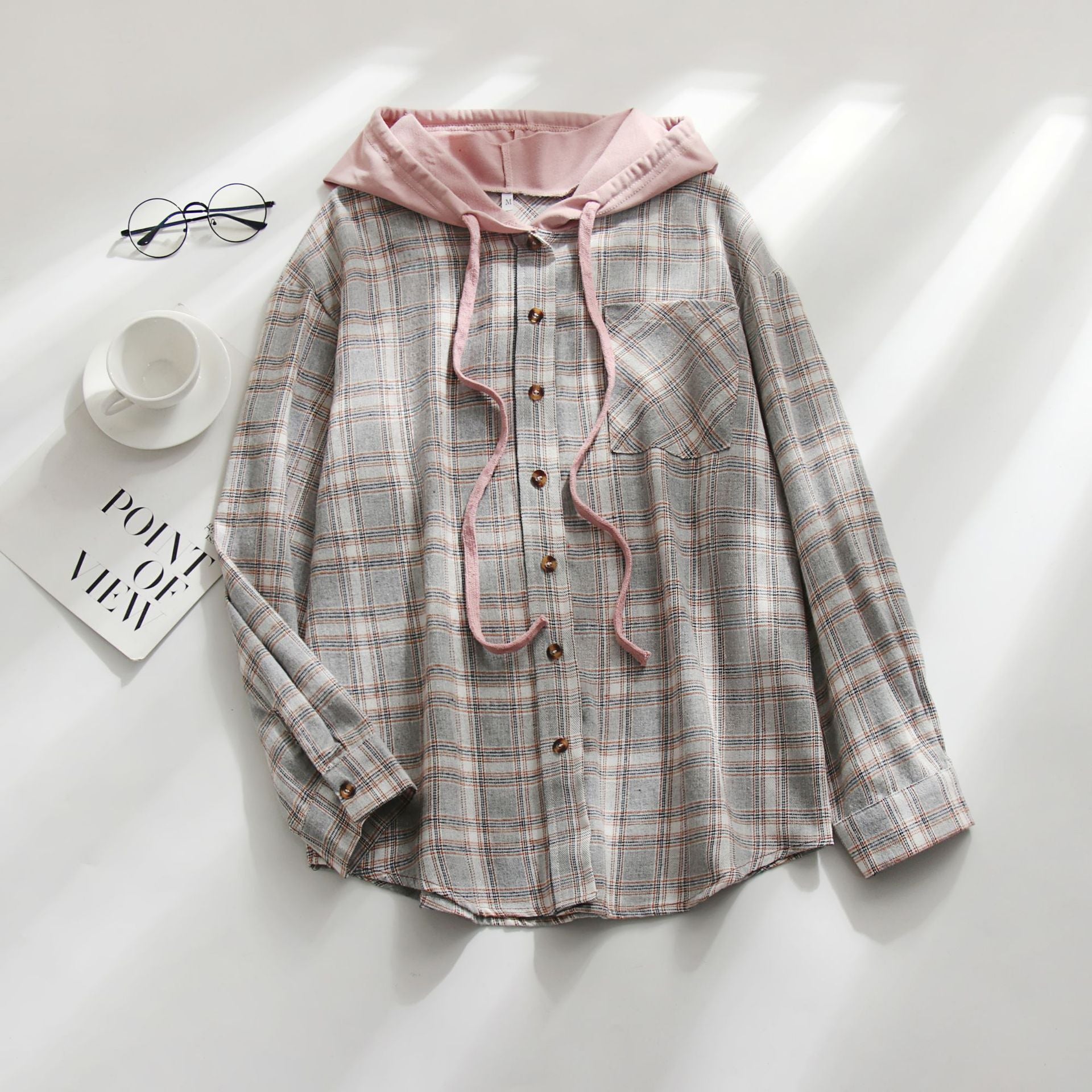 Sarah Express Women's Plaid Hooded Shirt Jacket Casual Loose Fit Pullover Top