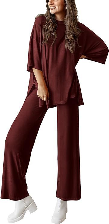 Sarah Express Two Piece Pullover Top Wide Leg Pants Set Polyester