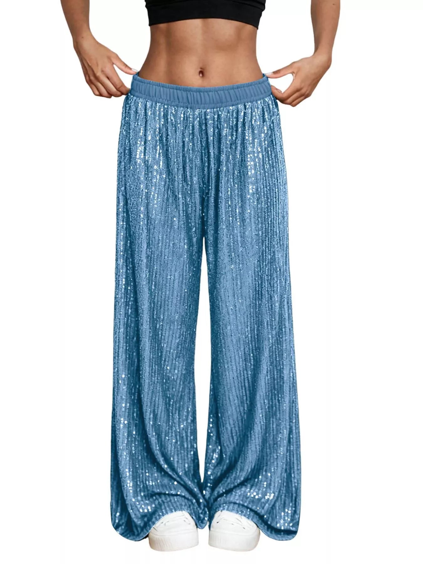 Sarah Express Women's Sequin Wide Leg Pants - High Waist Sparkle Palazzo Trousers Sky Blue