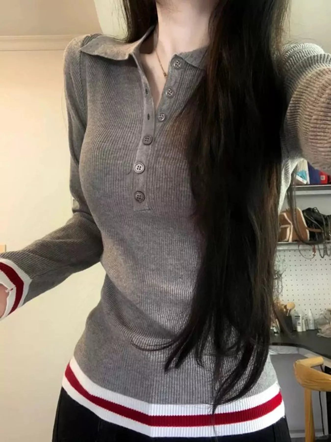 Sarah Express Women's Slim Fit Ribbed Button Detail Knit Top