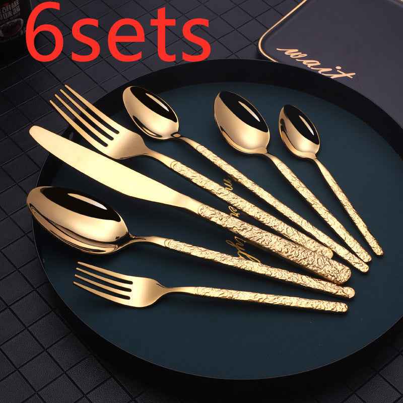 Sarah Express Premium Stainless Steel Steak Knife Fork Set - Embossed Handle Western Cutlery Gold 7PCS 6sets
