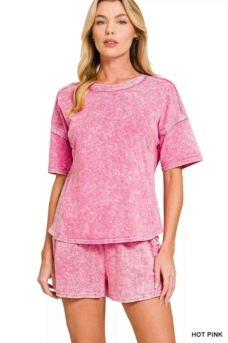 Sarah Express Women's Snow Washed Tee and Shorts Set - Casual Matching Lounge Set HOT PINK