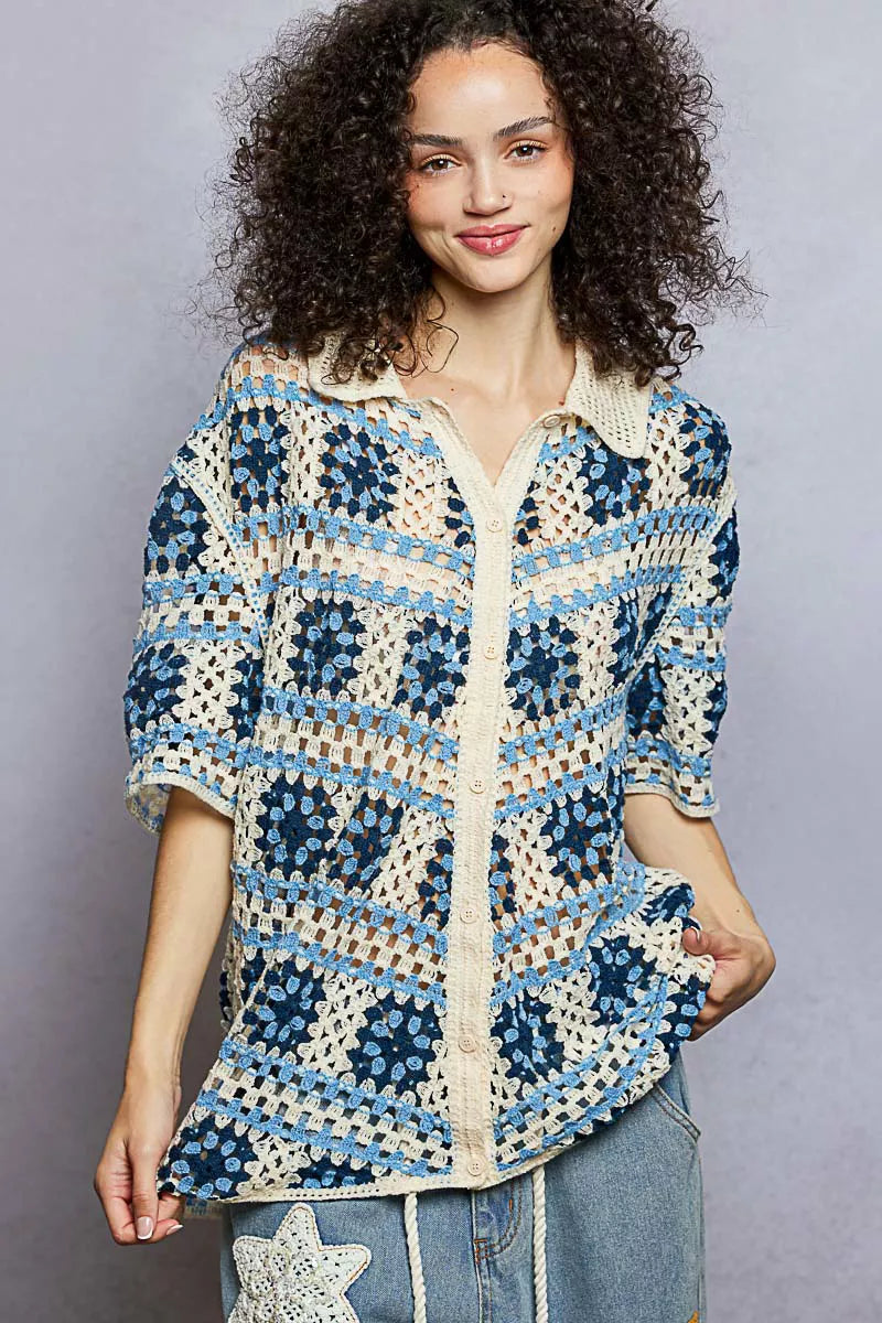 Sarah Express Women's Crochet Short Sleeve Shirt - Openwork Button Front Top with Border Accents