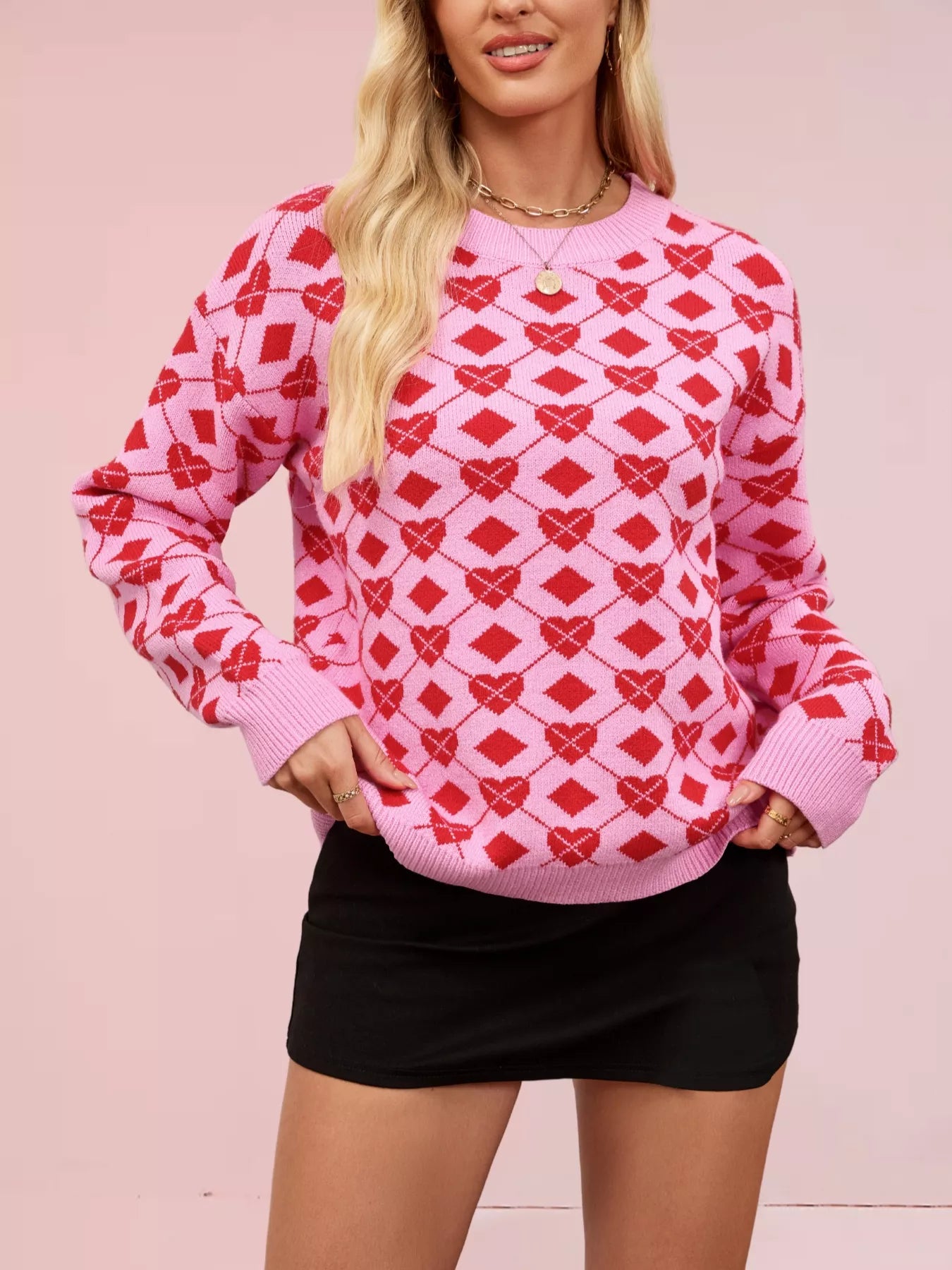 Sarah Express Women's Heart & Diamond Pattern Long Sleeve Sweater Fuchsia Pink